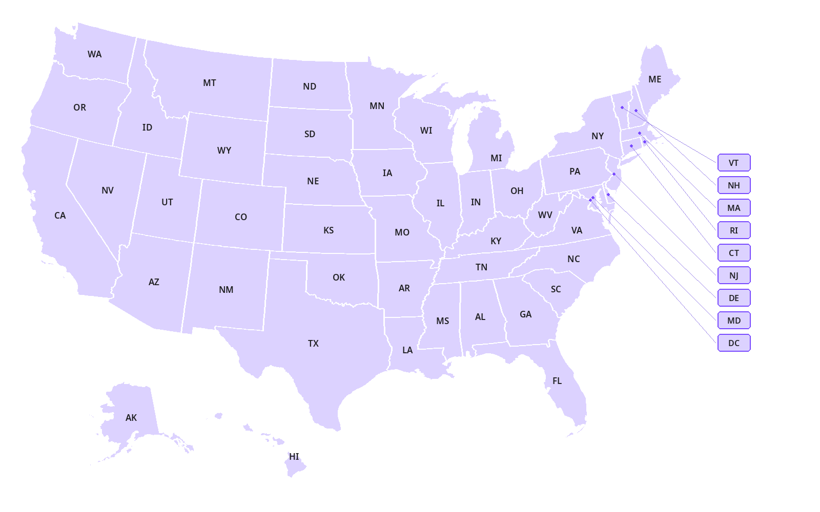 Map of the United States. Select a state to see its payroll tax guide.